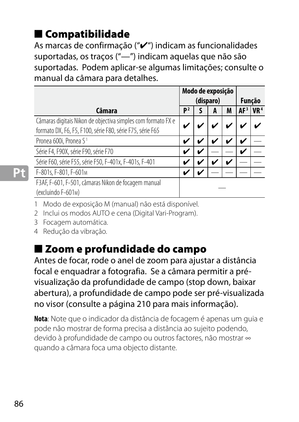 Compatibilidade, Zoom e profundidade do campo | Nikon 24-85mm-f-35-45G-ED-VR-AF-S-Nikkor User Manual | Page 86 / 220