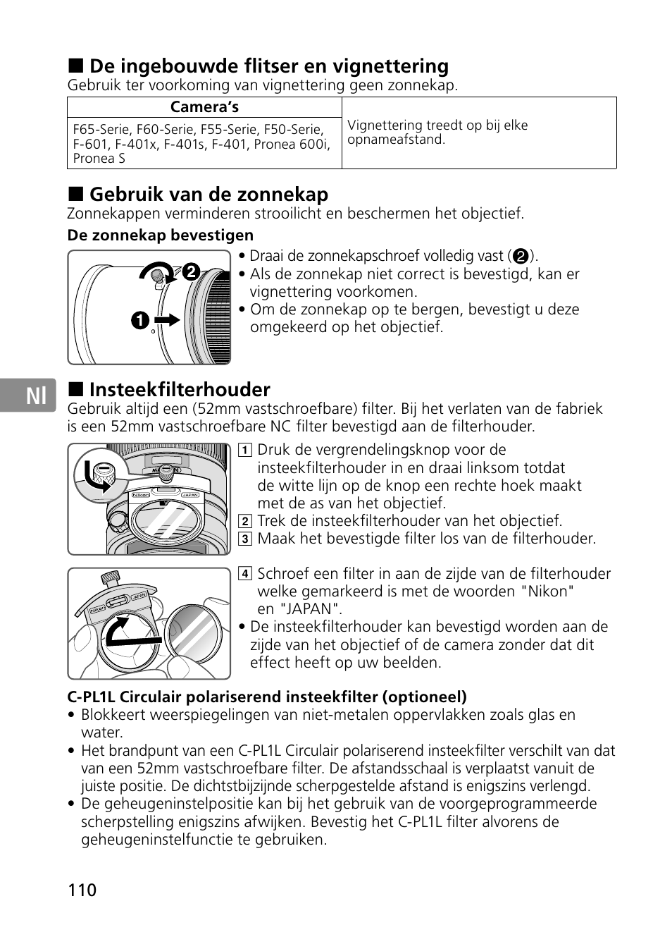 Jp en de fr es se ru nl it ck ch kr, De ingebouwde flitser en vignettering, Gebruik van de zonnekap | Insteekfilterhouder | Nikon 300mm-f-28G-ED-AF-S-VR-II-Nikkor User Manual | Page 110 / 204