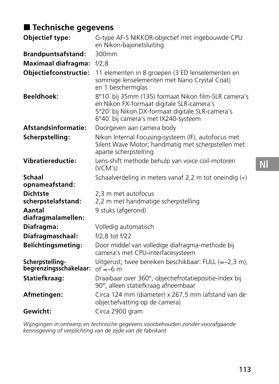 Jp en de fr es se ru nl it ck ch kr | Nikon 300mm-f-28G-ED-AF-S-VR-II-Nikkor User Manual | Page 113 / 204