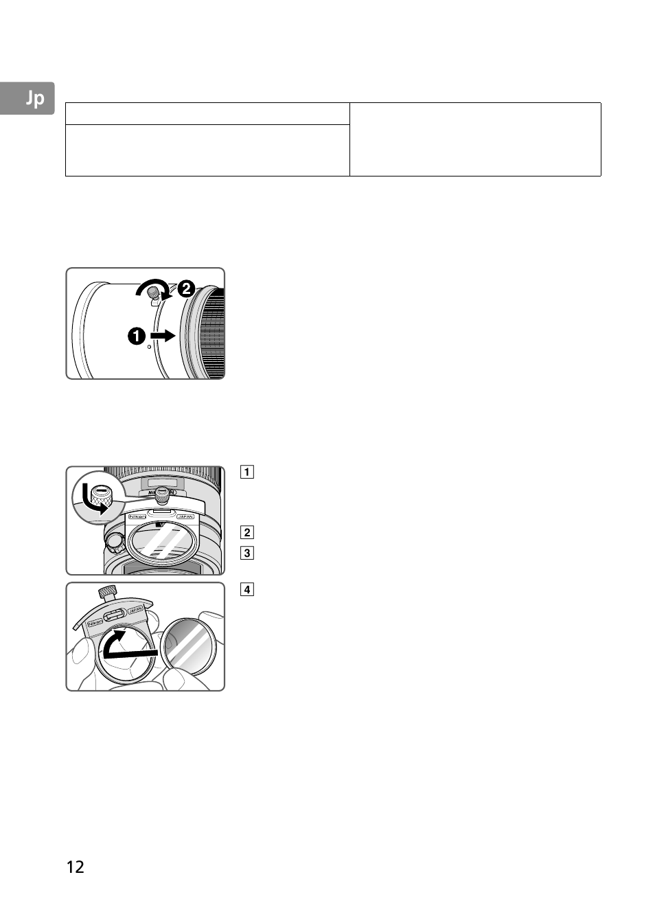 Jp en de fr es se ru nl it ck ch kr, カメラの内蔵フラッシュ使用時のご注意, フードの使い方 | 組み込み式フィルターホルダー | Nikon 300mm-f-28G-ED-AF-S-VR-II-Nikkor User Manual | Page 12 / 204