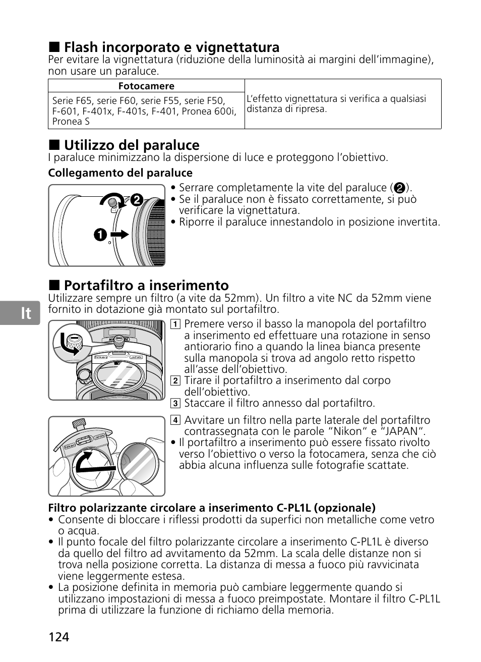 Jp en de fr es se ru nl it ck ch kr, Flash incorporato e vignettatura, Utilizzo del paraluce | Portafiltro a inserimento | Nikon 300mm-f-28G-ED-AF-S-VR-II-Nikkor User Manual | Page 124 / 204