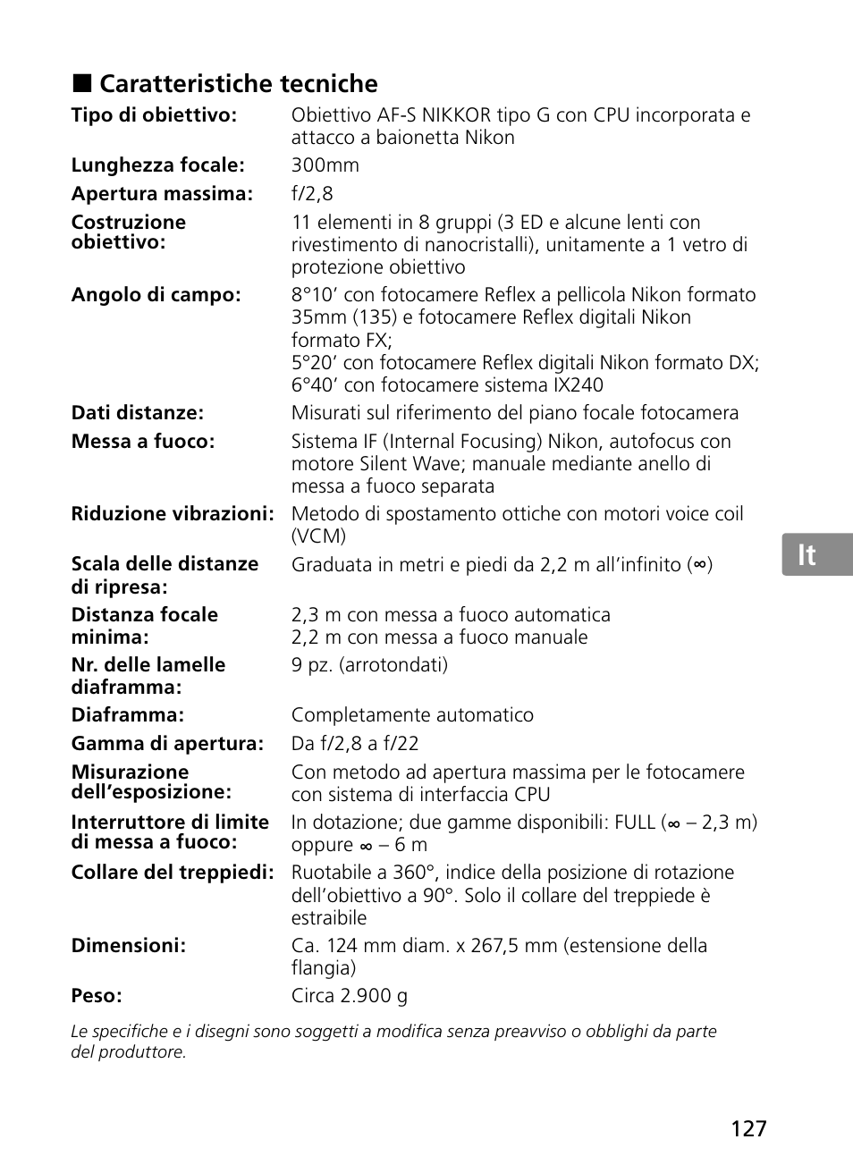 Jp en de fr es se ru nl it ck ch kr, Caratteristiche tecniche | Nikon 300mm-f-28G-ED-AF-S-VR-II-Nikkor User Manual | Page 127 / 204