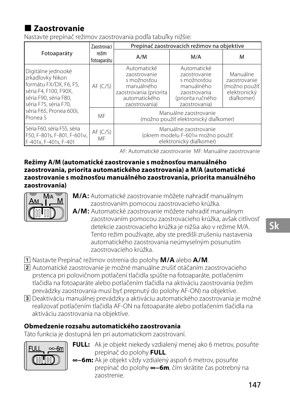Jp en de fr es se ru nl it sk sk kr, Zaostrovanie | Nikon 300mm-f-28G-ED-AF-S-VR-II-Nikkor User Manual | Page 147 / 204