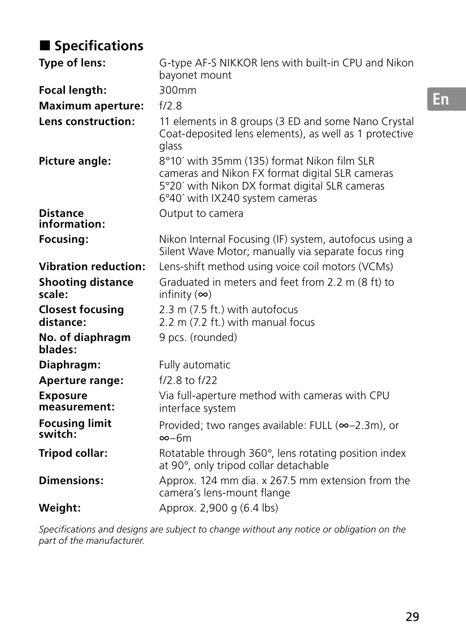 Jp en de fr es se ru nl it ck ch kr | Nikon 300mm-f-28G-ED-AF-S-VR-II-Nikkor User Manual | Page 29 / 204