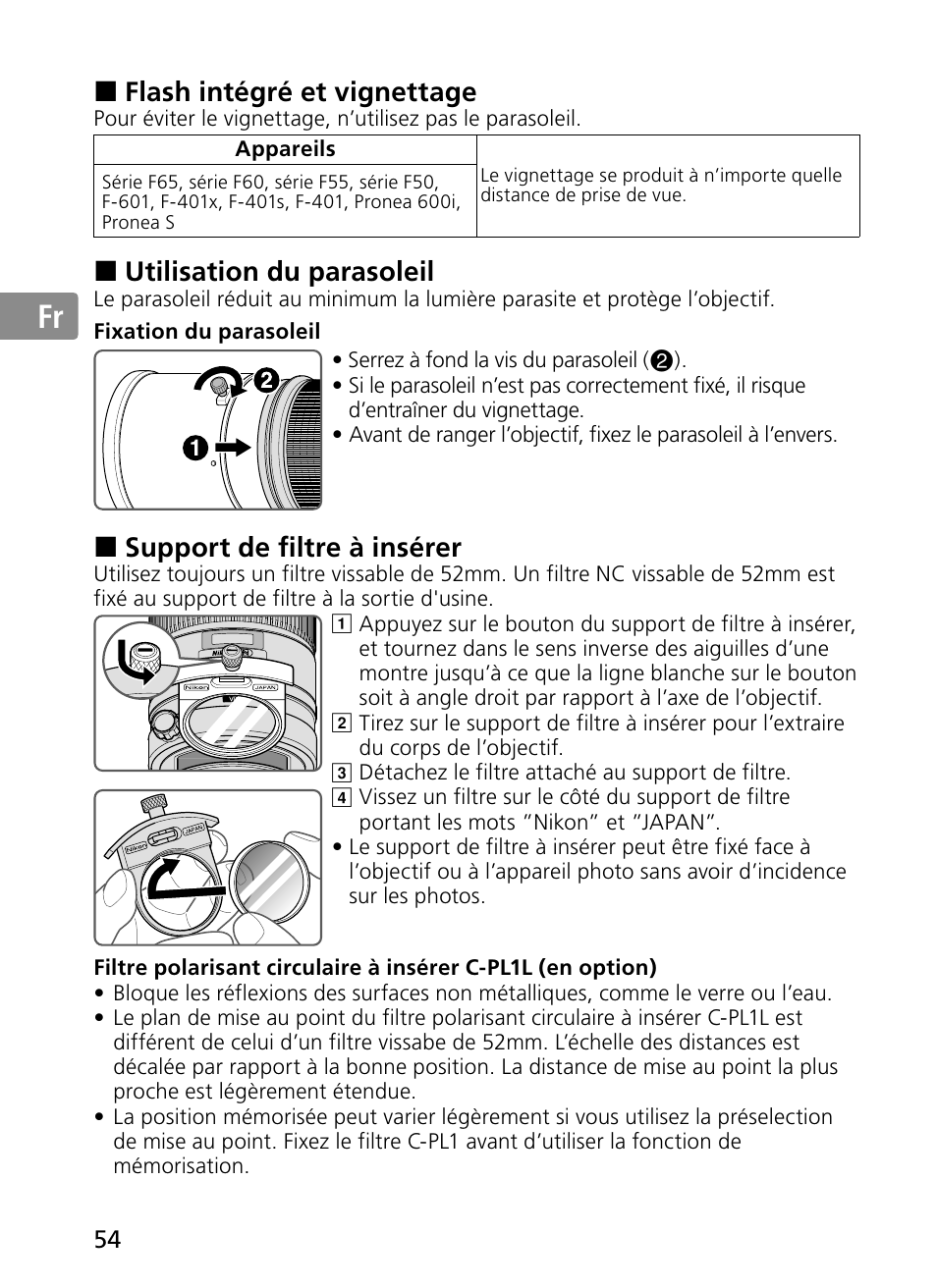 Jp en de fr es se ru nl it ck ch kr, Flash intégré et vignettage, Utilisation du parasoleil | Support de filtre à insérer | Nikon 300mm-f-28G-ED-AF-S-VR-II-Nikkor User Manual | Page 54 / 204
