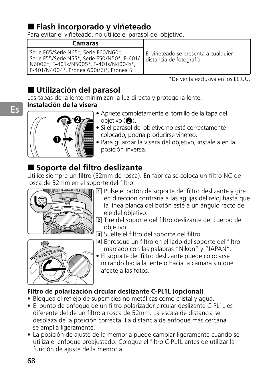 Jp en de fr es se ru nl it ck ch kr, Flash incorporado y viñeteado, Utilización del parasol | Soporte del filtro deslizante | Nikon 300mm-f-28G-ED-AF-S-VR-II-Nikkor User Manual | Page 68 / 204