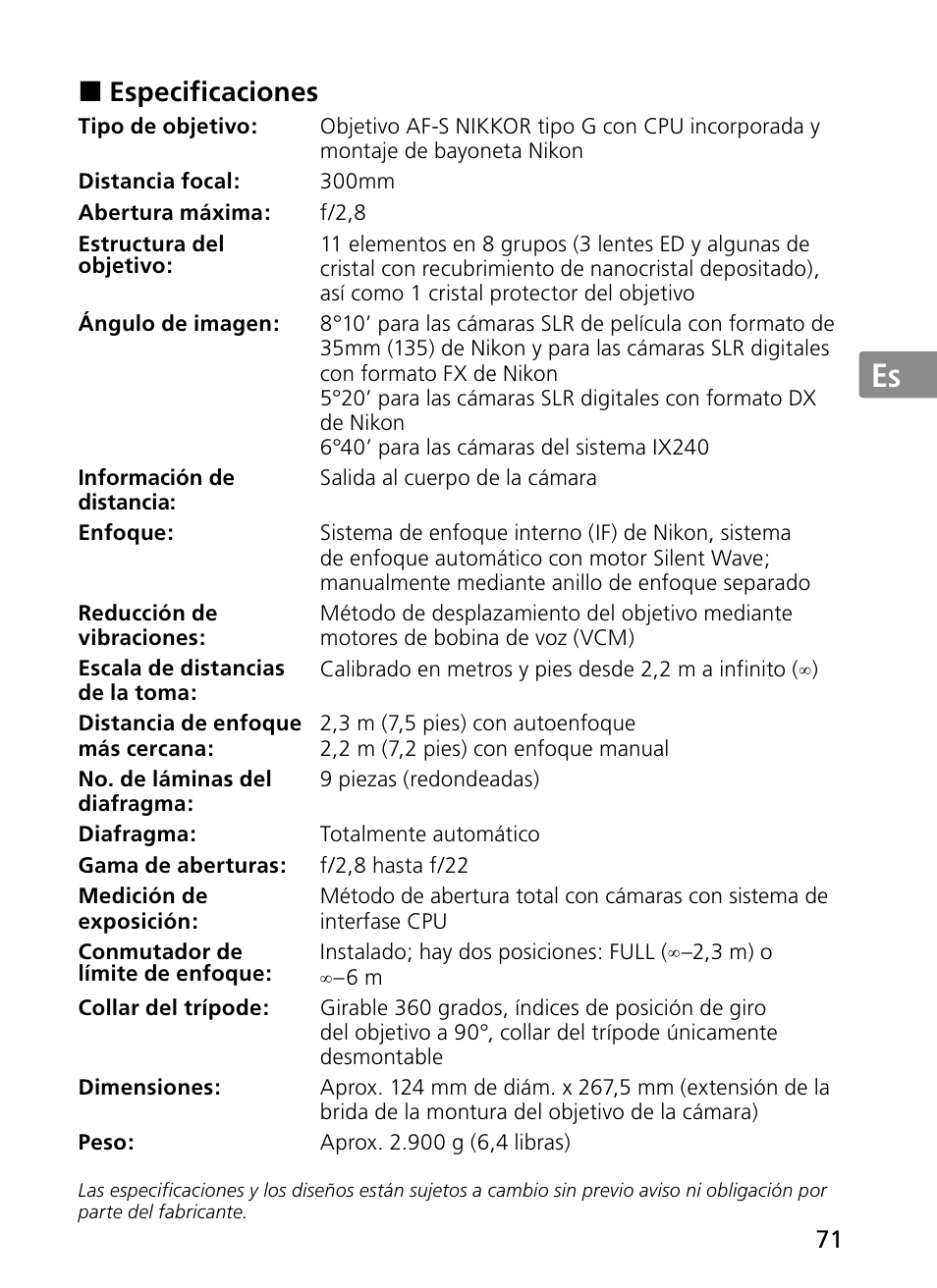 Jp en de fr es se ru nl it ck ch kr | Nikon 300mm-f-28G-ED-AF-S-VR-II-Nikkor User Manual | Page 71 / 204