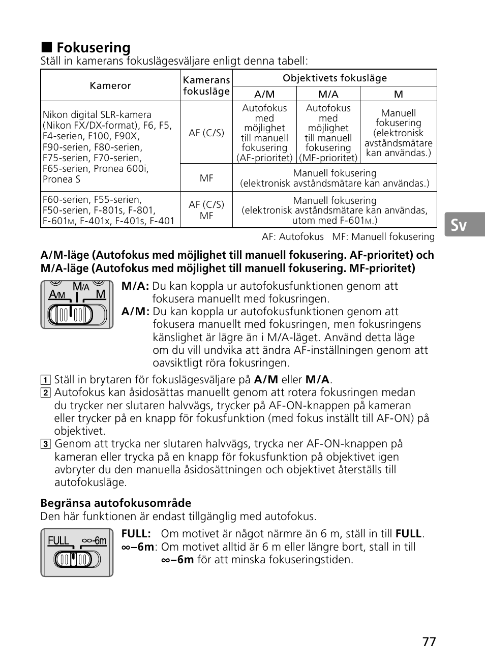 Jp en de fr es sv ru nl it ck ch kr, Fokusering | Nikon 300mm-f-28G-ED-AF-S-VR-II-Nikkor User Manual | Page 77 / 204