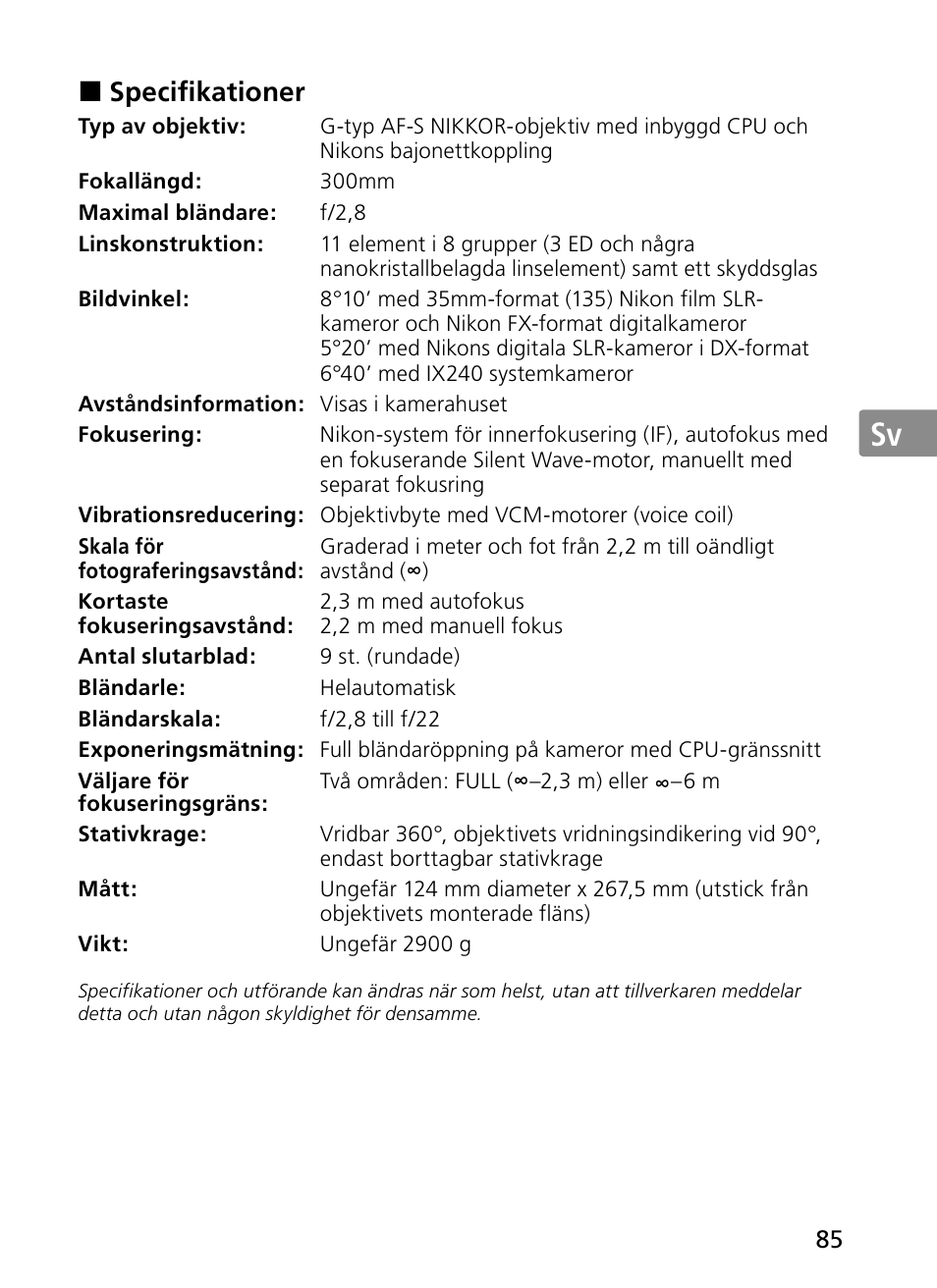 Jp en de fr es sv ru nl it ck ch kr | Nikon 300mm-f-28G-ED-AF-S-VR-II-Nikkor User Manual | Page 85 / 204