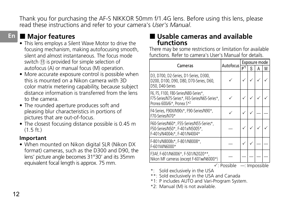 Usable cameras and available functions, Major features, 12 en | Nikon 50mm-f-14G-AF-S-Nikkor User Manual | Page 12 / 100