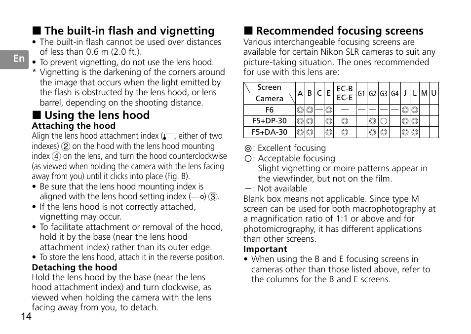 The built-in flash and vignetting, Using the lens hood, Recommended focusing screens | Nikon 50mm-f-14G-AF-S-Nikkor User Manual | Page 14 / 100