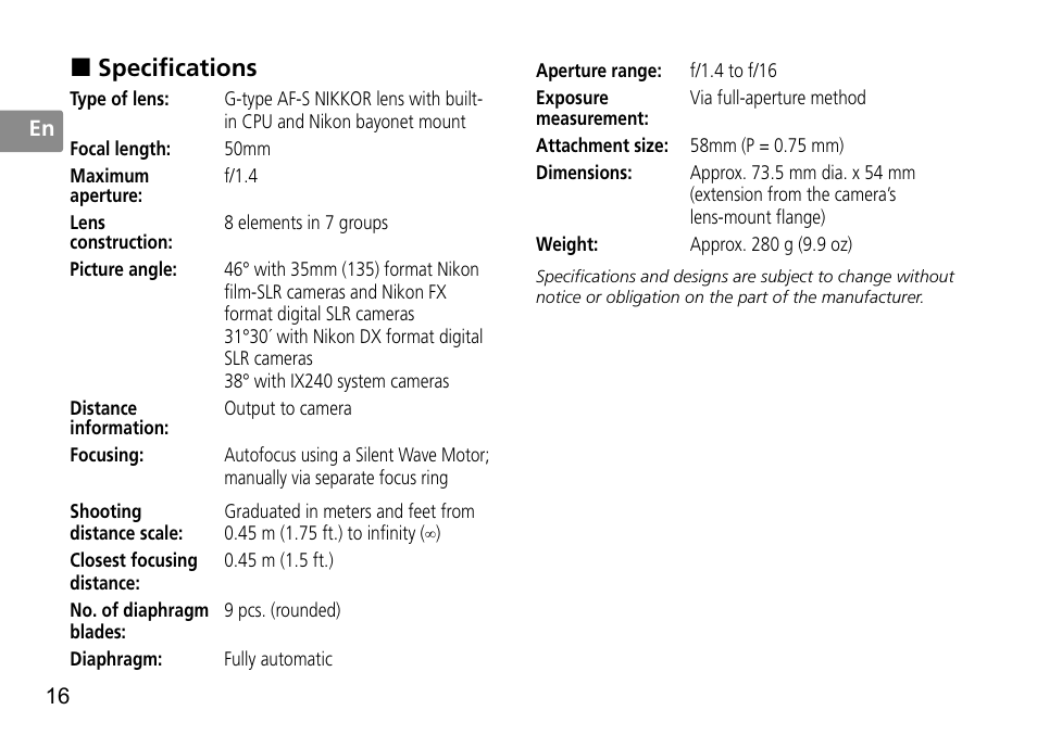 Specifications | Nikon 50mm-f-14G-AF-S-Nikkor User Manual | Page 16 / 100