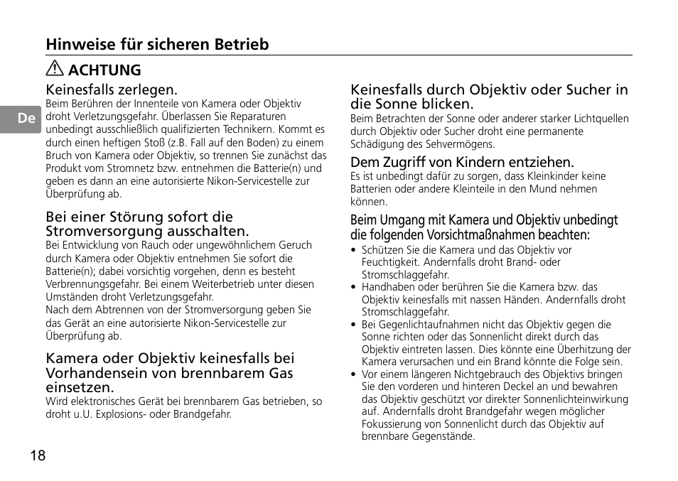 Hinweise für sicheren betrieb, Achtung | Nikon 50mm-f-14G-AF-S-Nikkor User Manual | Page 18 / 100