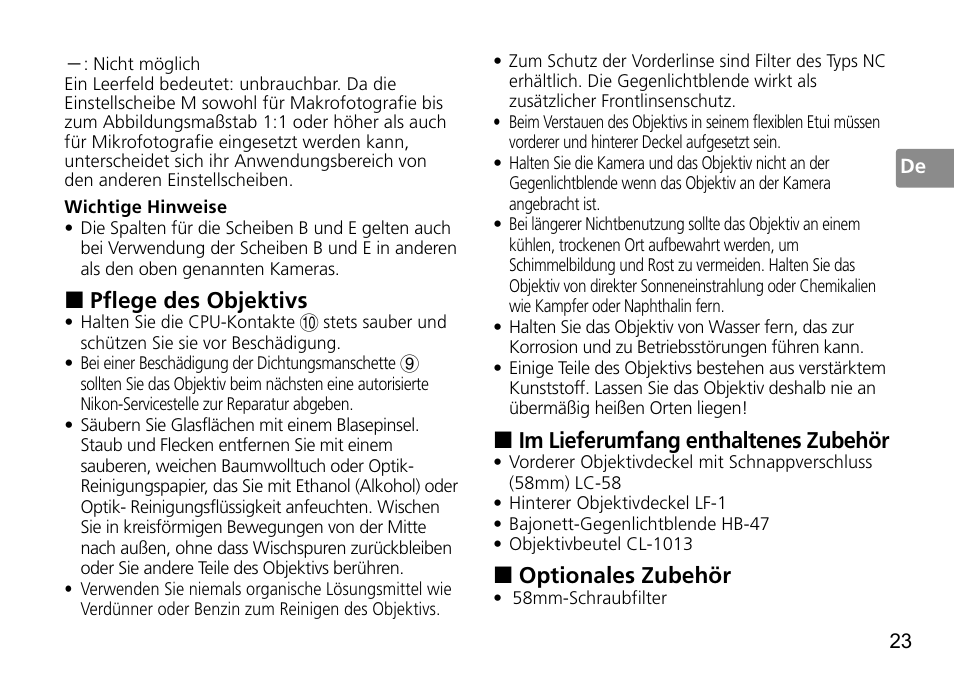 Im lieferumfang enthaltenes zubehör, Optionales zubehör, Pflege des objektivs | Nikon 50mm-f-14G-AF-S-Nikkor User Manual | Page 23 / 100