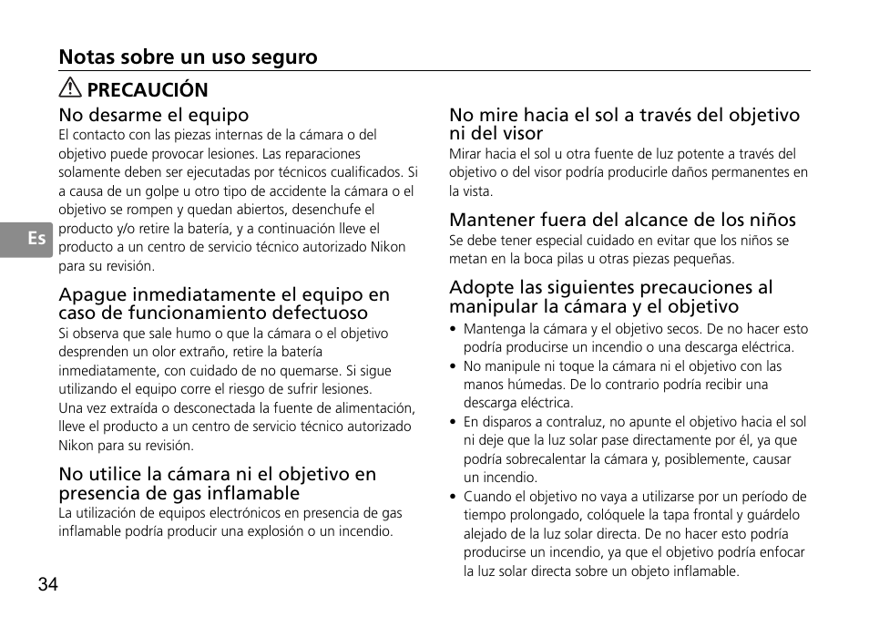Notas sobre un uso seguro, Precaución | Nikon 50mm-f-14G-AF-S-Nikkor User Manual | Page 34 / 100