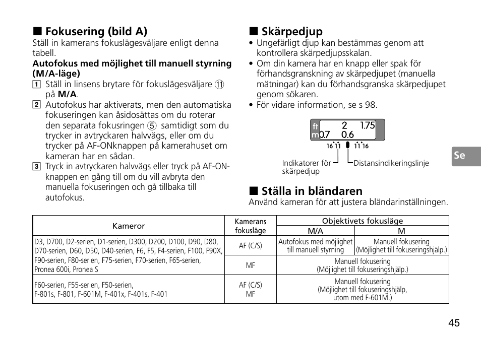 Fokusering (bild a), Skärpedjup, Ställa in bländaren | Nikon 50mm-f-14G-AF-S-Nikkor User Manual | Page 45 / 100