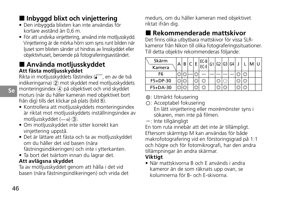 Inbyggd blixt och vinjettering, Använda motljusskyddet, Rekommenderade mattskivor | Nikon 50mm-f-14G-AF-S-Nikkor User Manual | Page 46 / 100