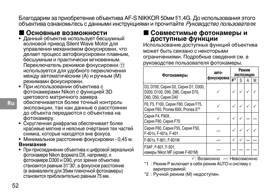 Совместимые фотокамеры и доступные функции, Основные возможности, Руководство пользователя | Nikon 50mm-f-14G-AF-S-Nikkor User Manual | Page 52 / 100