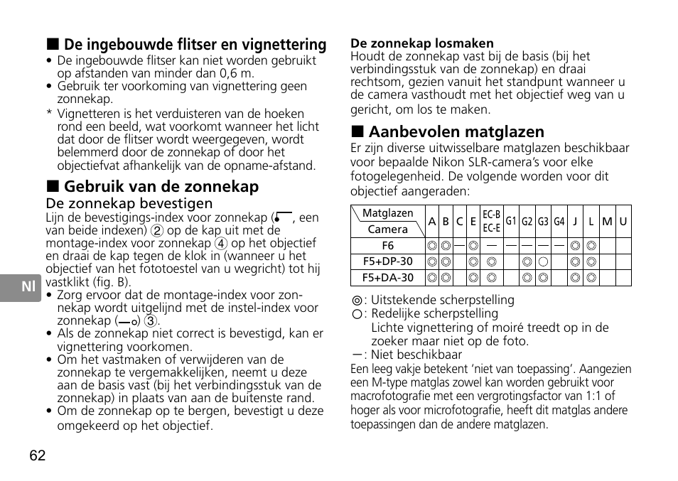 De ingebouwde flitser en vignettering, Gebruik van de zonnekap, Aanbevolen matglazen | Nikon 50mm-f-14G-AF-S-Nikkor User Manual | Page 62 / 100