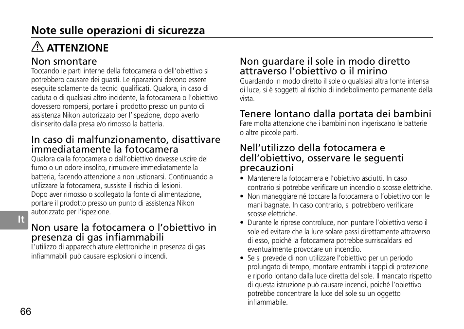 Attenzione | Nikon 50mm-f-14G-AF-S-Nikkor User Manual | Page 66 / 100