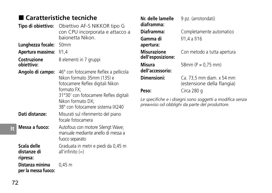 Caratteristiche tecniche | Nikon 50mm-f-14G-AF-S-Nikkor User Manual | Page 72 / 100