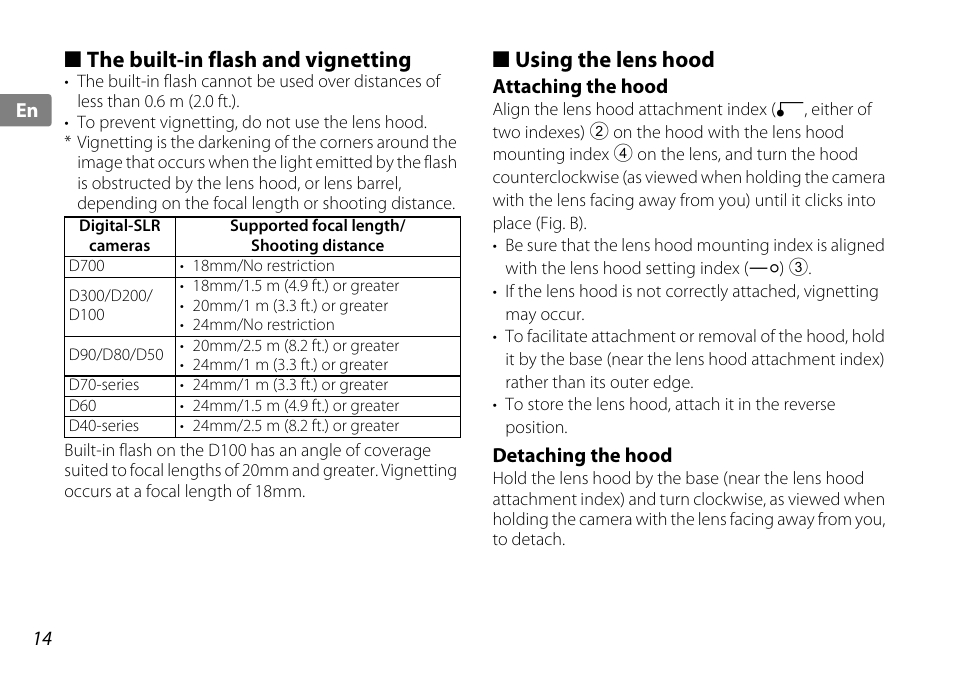 The built-in flash and vignetting, Using the lens hood, Attaching the hood | Detaching the hood, P. 14, Index (p. 14), Od setting index (p. 14), Unting index (p. 14) | Nikon 10-24mm-f-35-45G-ED-AF-S-DX-Zoom-Nikko User Manual | Page 14 / 120