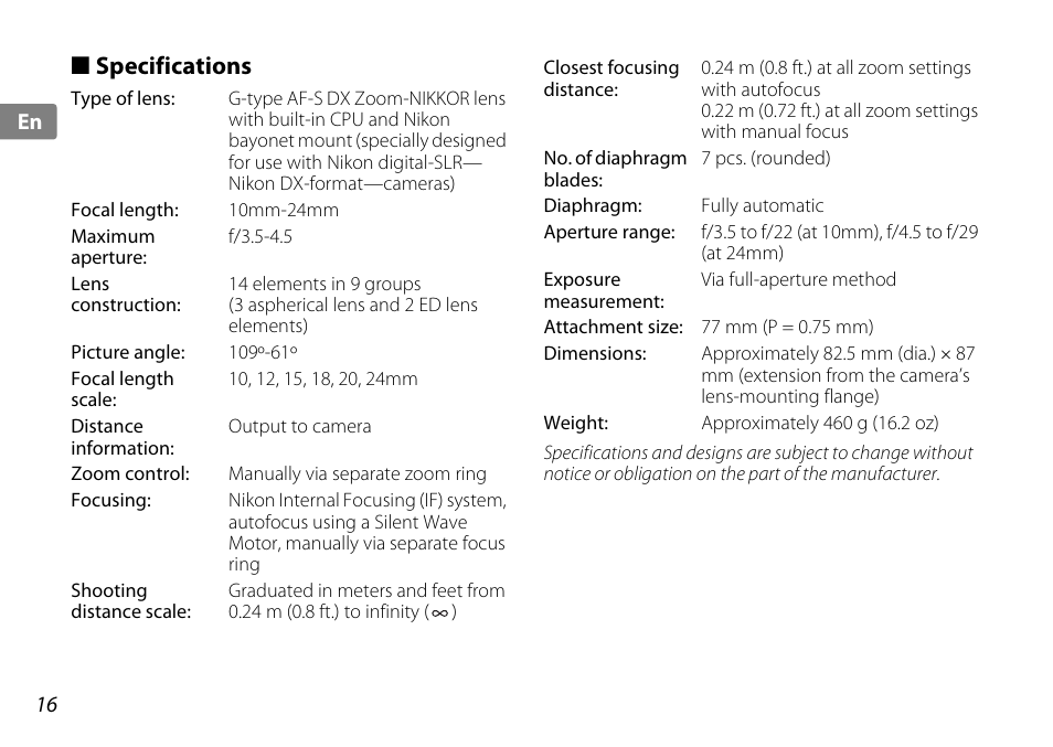 Specifications | Nikon 10-24mm-f-35-45G-ED-AF-S-DX-Zoom-Nikko User Manual | Page 16 / 120
