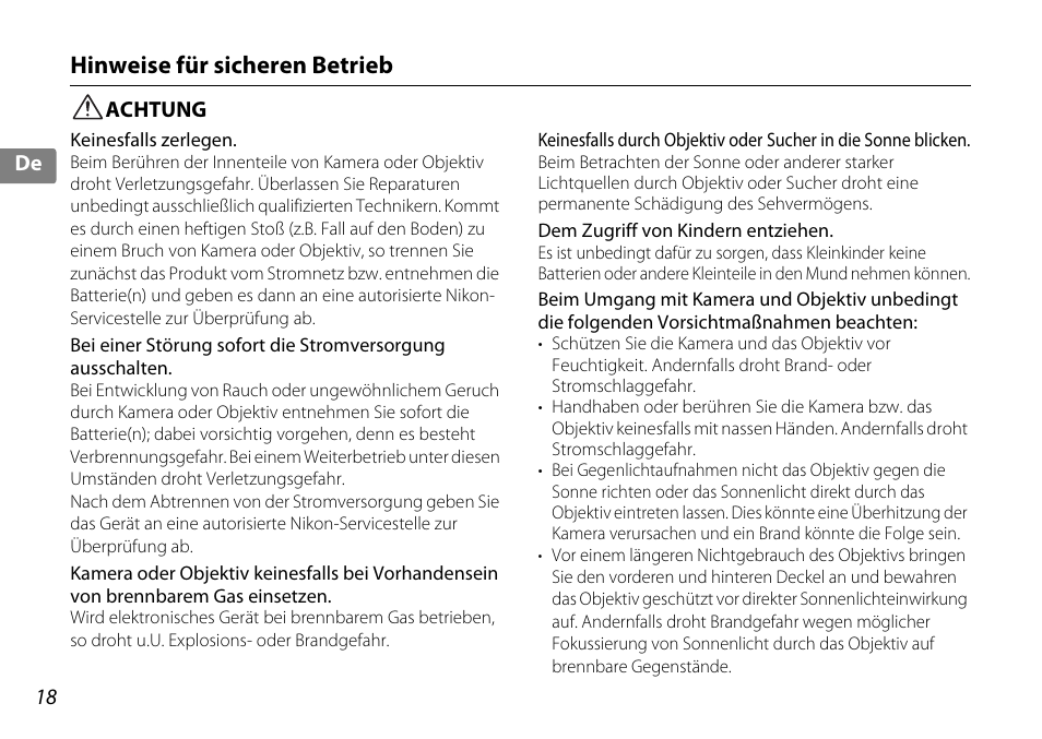 Hinweise für sicheren betrieb, Achtung | Nikon 10-24mm-f-35-45G-ED-AF-S-DX-Zoom-Nikko User Manual | Page 18 / 120
