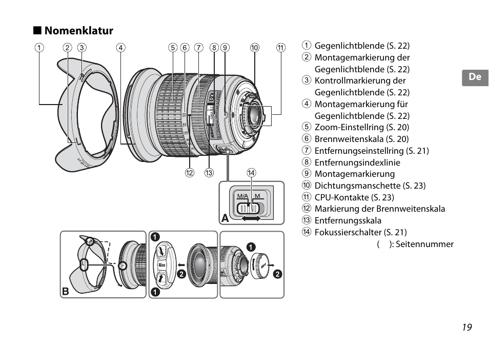Nomenklatur | Nikon 10-24mm-f-35-45G-ED-AF-S-DX-Zoom-Nikko User Manual | Page 19 / 120