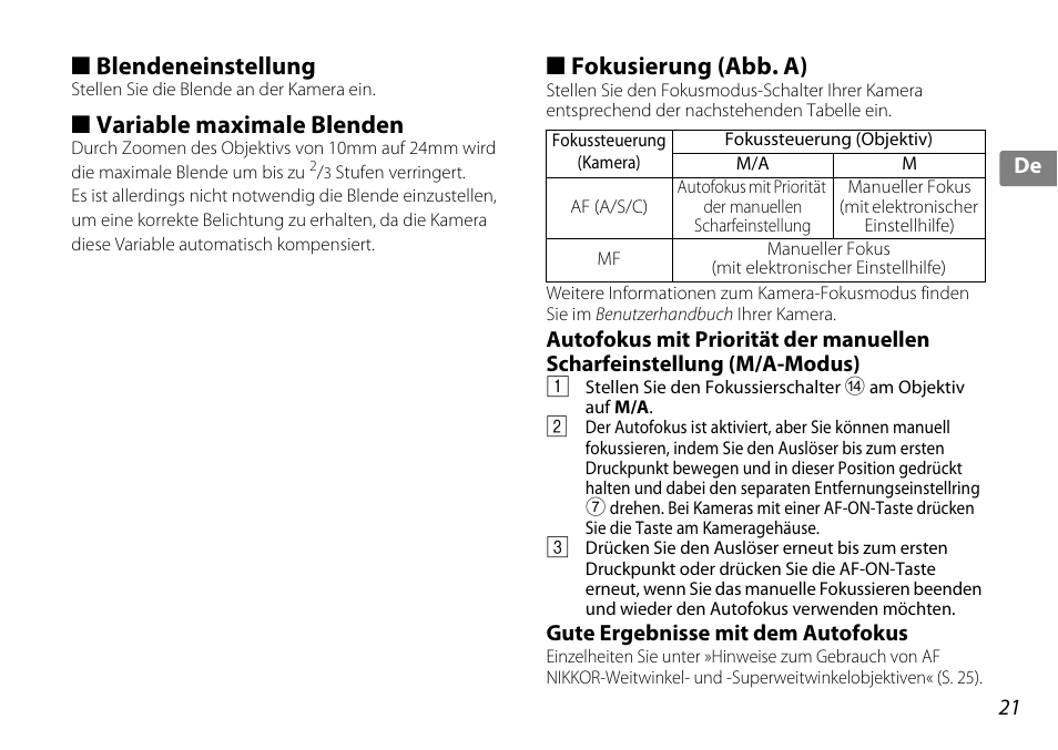Blendeneinstellung, Variable maximale blenden, Fokusierung (abb. a) | Gute ergebnisse mit dem autofokus, S. 21) | Nikon 10-24mm-f-35-45G-ED-AF-S-DX-Zoom-Nikko User Manual | Page 21 / 120