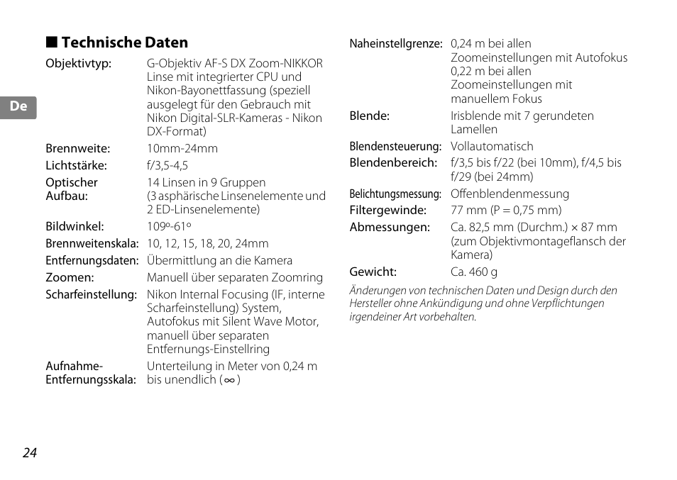 Technische daten | Nikon 10-24mm-f-35-45G-ED-AF-S-DX-Zoom-Nikko User Manual | Page 24 / 120