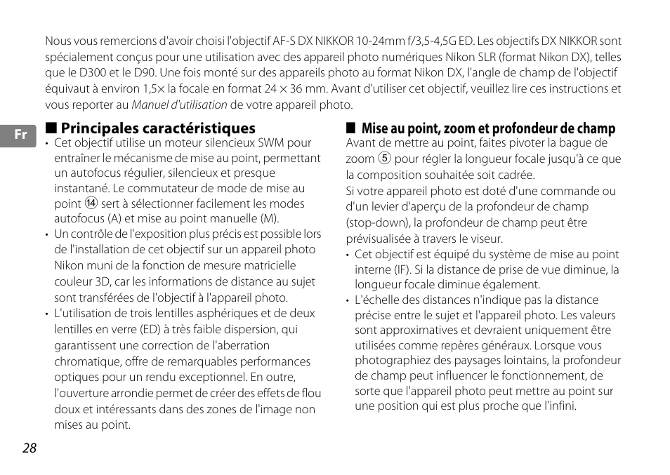 Principales caractéristiques, Mise au point, zoom et profondeur de champ, P. 28) | S (p. 28) | Nikon 10-24mm-f-35-45G-ED-AF-S-DX-Zoom-Nikko User Manual | Page 28 / 120