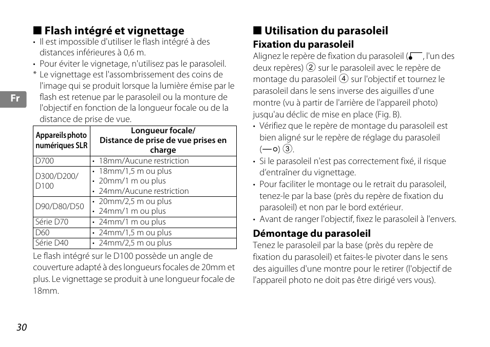 Flash intégré et vignettage, Utilisation du parasoleil, Fixation du parasoleil | Démontage du parasoleil, Il (p. 30), P. 30, P. 30) | Nikon 10-24mm-f-35-45G-ED-AF-S-DX-Zoom-Nikko User Manual | Page 30 / 120