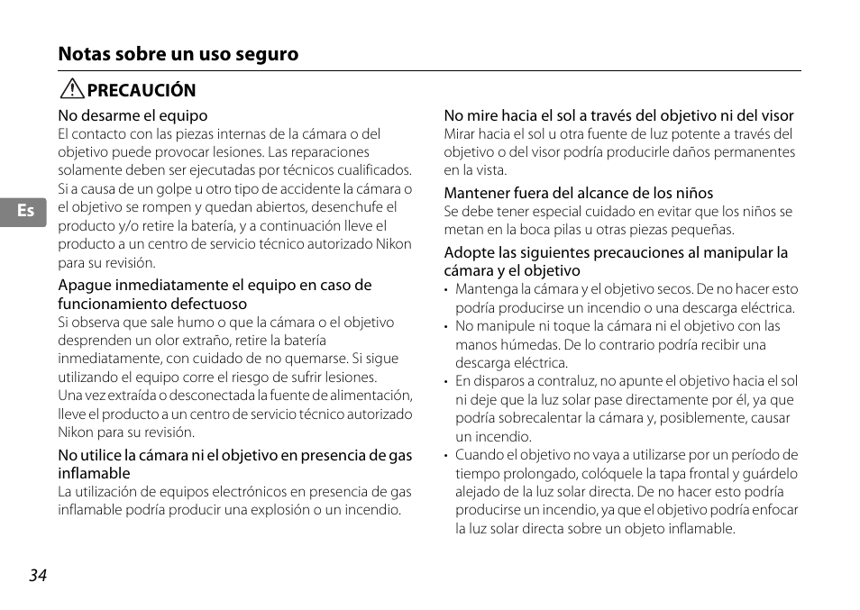 Notas sobre un uso seguro, Precaución | Nikon 10-24mm-f-35-45G-ED-AF-S-DX-Zoom-Nikko User Manual | Page 34 / 120