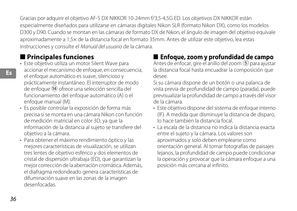 Principales funciones, Enfoque, zoom y profundidad de campo, Oom (p. 36 | P. 36 | Nikon 10-24mm-f-35-45G-ED-AF-S-DX-Zoom-Nikko User Manual | Page 36 / 120