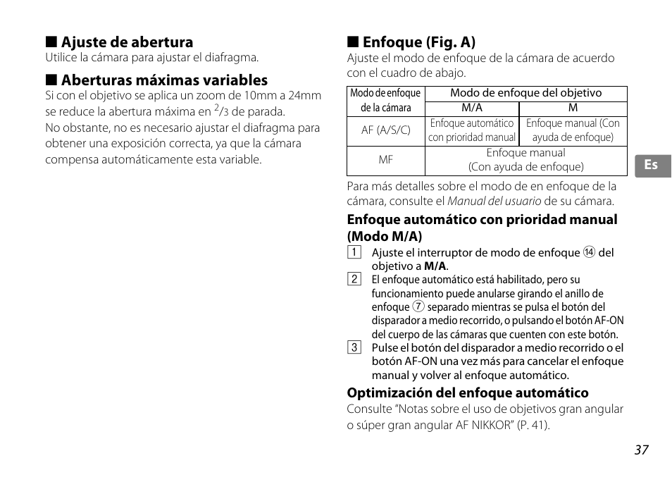 Ajuste de abertura, Aberturas máximas variables, Enfoque (fig. a) | Enfoque automático con prioridad manual (modo m/a), Optimización del enfoque automático, De enfoque (p. 37), P. 37) | Nikon 10-24mm-f-35-45G-ED-AF-S-DX-Zoom-Nikko User Manual | Page 37 / 120