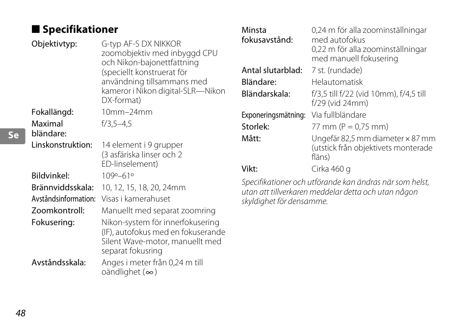 Specifikationer | Nikon 10-24mm-f-35-45G-ED-AF-S-DX-Zoom-Nikko User Manual | Page 48 / 120
