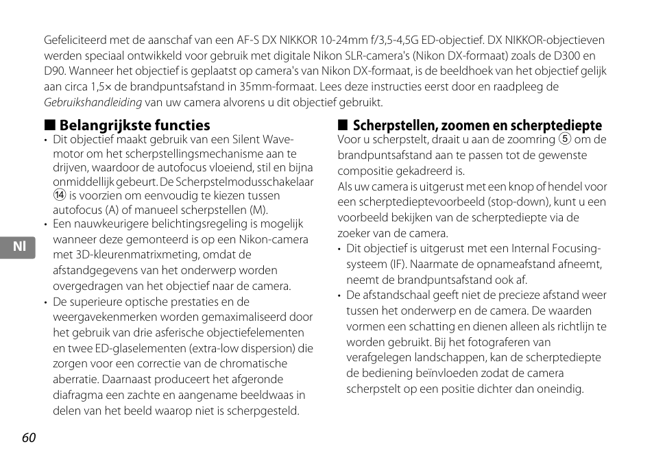 Belangrijkste functies, Scherpstellen, zoomen en scherptediepte, Zoomring (p. 60) | P. 60 | Nikon 10-24mm-f-35-45G-ED-AF-S-DX-Zoom-Nikko User Manual | Page 60 / 120