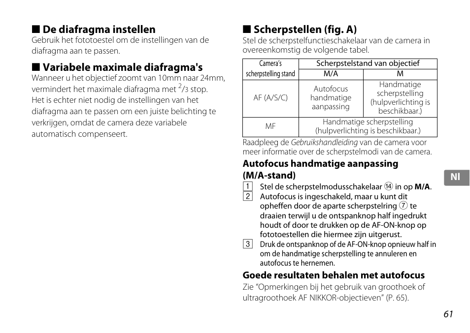 De diafragma instellen, Variabele maximale diafragma's, Scherpstellen (fig. a) | Autofocus handmatige aanpassing (m/a-stand), Goede resultaten behalen met autofocus, Ring (p. 61), P. 61) | Nikon 10-24mm-f-35-45G-ED-AF-S-DX-Zoom-Nikko User Manual | Page 61 / 120