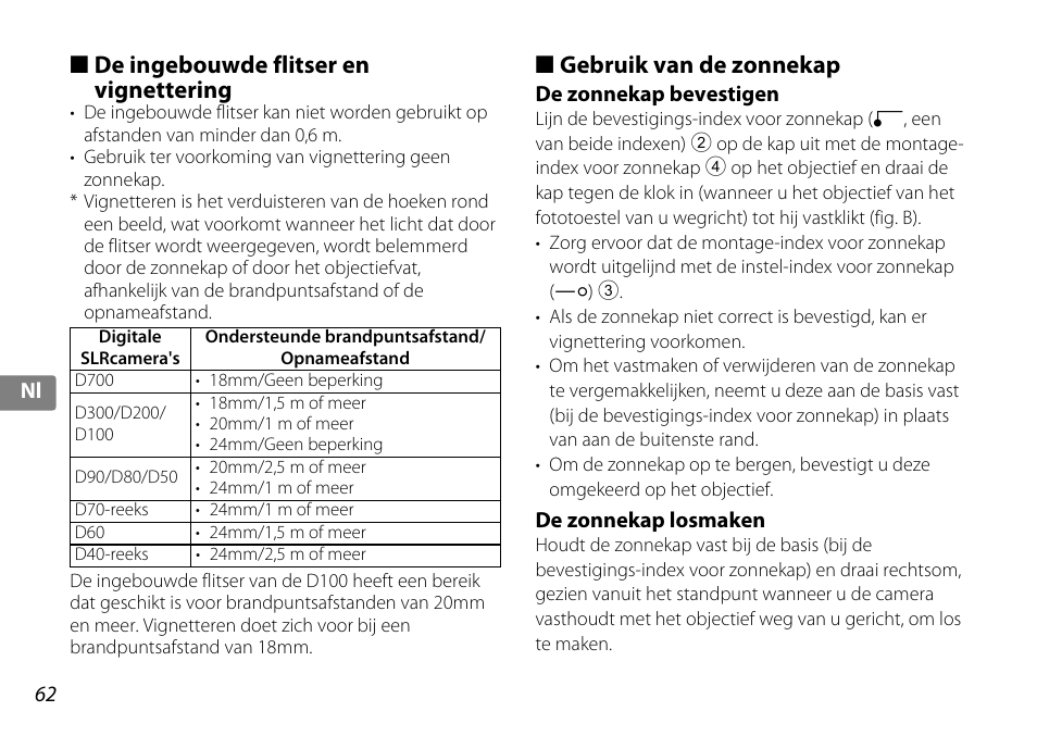 De ingebouwde flitser en vignettering, Gebruik van de zonnekap, De zonnekap bevestigen | De zonnekap losmaken, Kap (p. 62), P. 62) | Nikon 10-24mm-f-35-45G-ED-AF-S-DX-Zoom-Nikko User Manual | Page 62 / 120