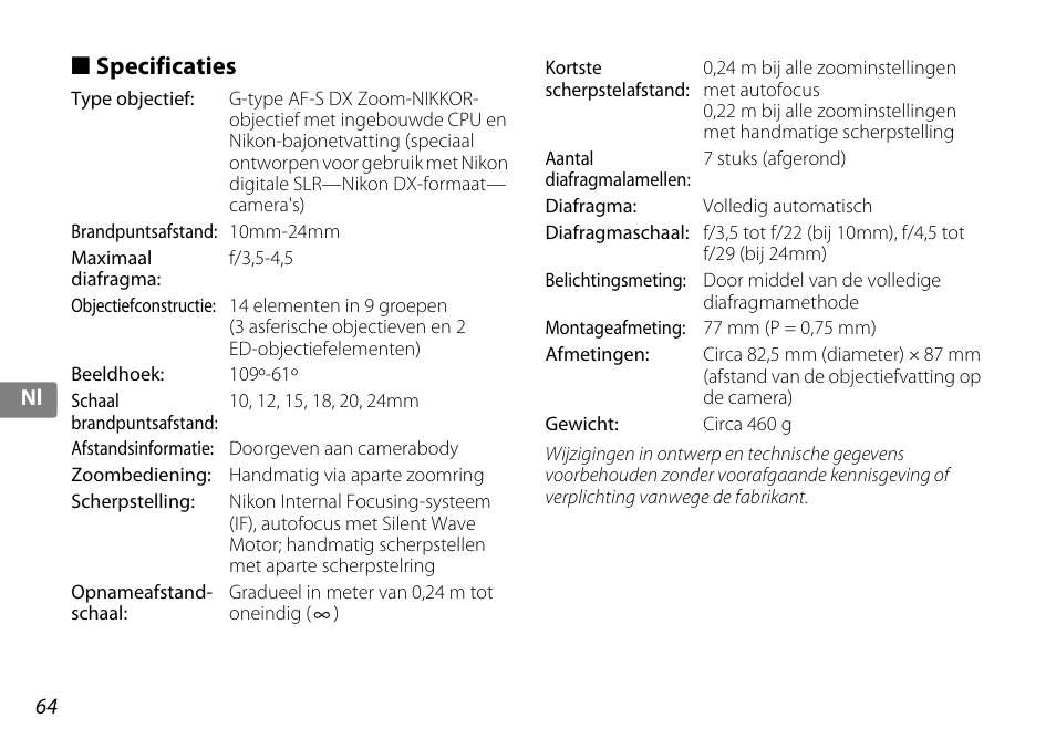 Specificaties | Nikon 10-24mm-f-35-45G-ED-AF-S-DX-Zoom-Nikko User Manual | Page 64 / 120