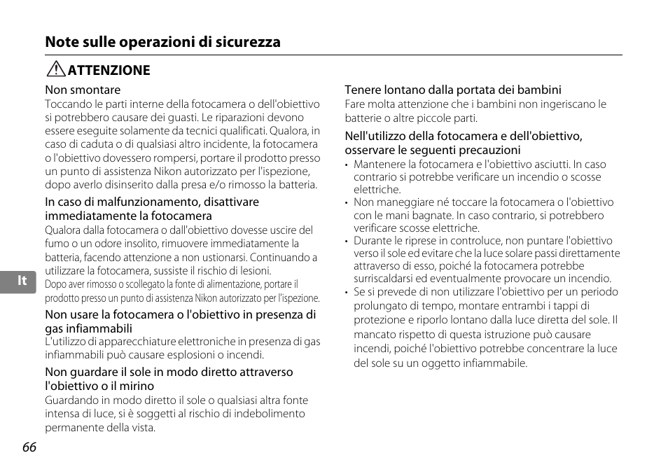 Note sulle operazioni di sicurezza, Attenzione | Nikon 10-24mm-f-35-45G-ED-AF-S-DX-Zoom-Nikko User Manual | Page 66 / 120