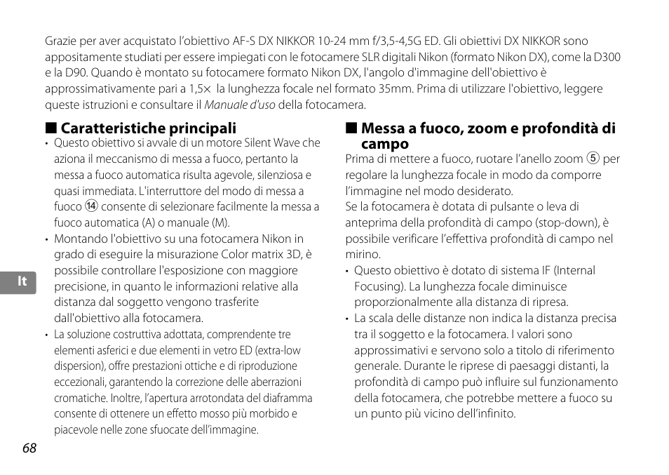 Caratteristiche principali, Messa a fuoco, zoom e profondità di campo, P. 68 | P. 68) | Nikon 10-24mm-f-35-45G-ED-AF-S-DX-Zoom-Nikko User Manual | Page 68 / 120