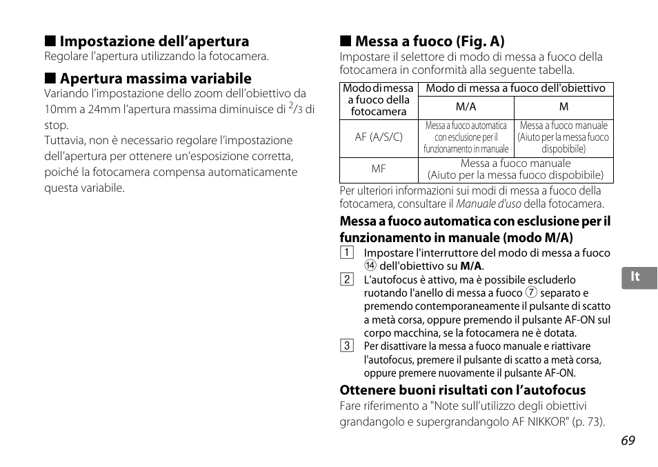 Impostazione dell’apertura, Apertura massima variabile, Messa a fuoco (fig. a) | Ottenere buoni risultati con l’autofocus, P. 69), Fuoco (p. 69) | Nikon 10-24mm-f-35-45G-ED-AF-S-DX-Zoom-Nikko User Manual | Page 69 / 120