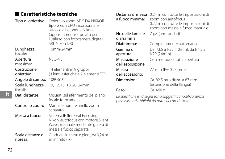 Caratteristiche tecniche | Nikon 10-24mm-f-35-45G-ED-AF-S-DX-Zoom-Nikko User Manual | Page 72 / 120