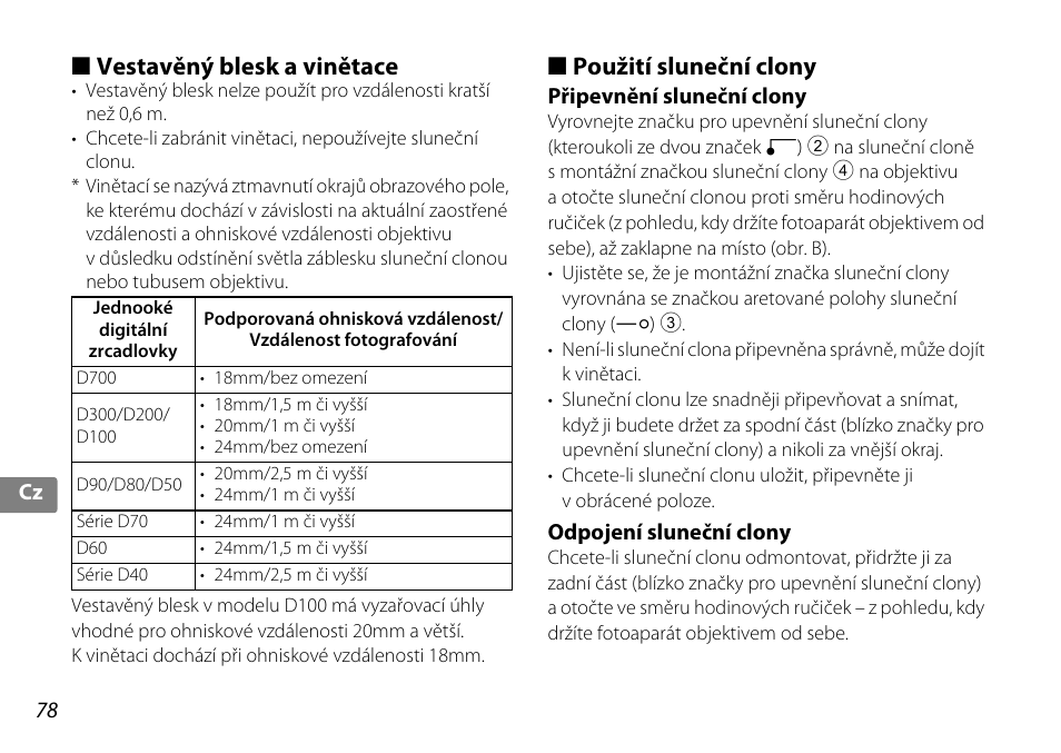 Vestavěný blesk a vinětace, Použití sluneční clony, Připevnění sluneční clony | Odpojení sluneční clony | Nikon 10-24mm-f-35-45G-ED-AF-S-DX-Zoom-Nikko User Manual | Page 78 / 120