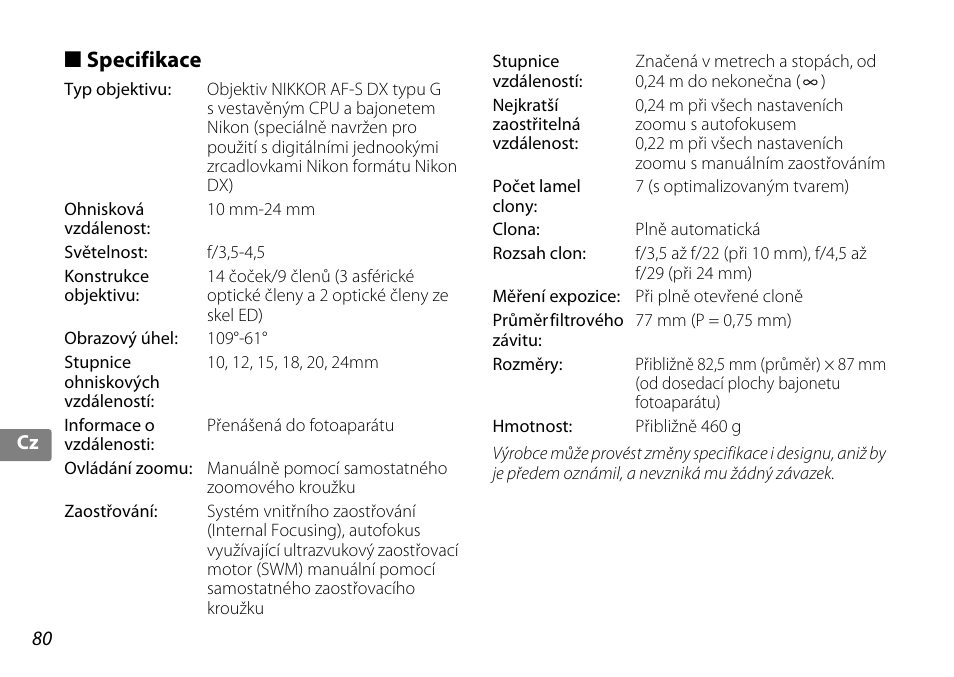 Specifikace | Nikon 10-24mm-f-35-45G-ED-AF-S-DX-Zoom-Nikko User Manual | Page 80 / 120