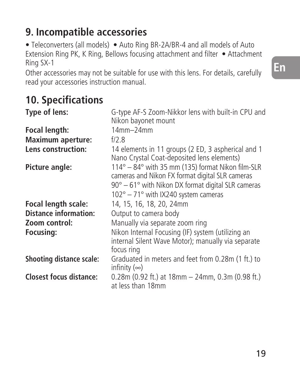 Incompatible accessories, Specifications | Nikon 14-24mm-f28G-ED-AF-S-Nikkor User Manual | Page 19 / 118