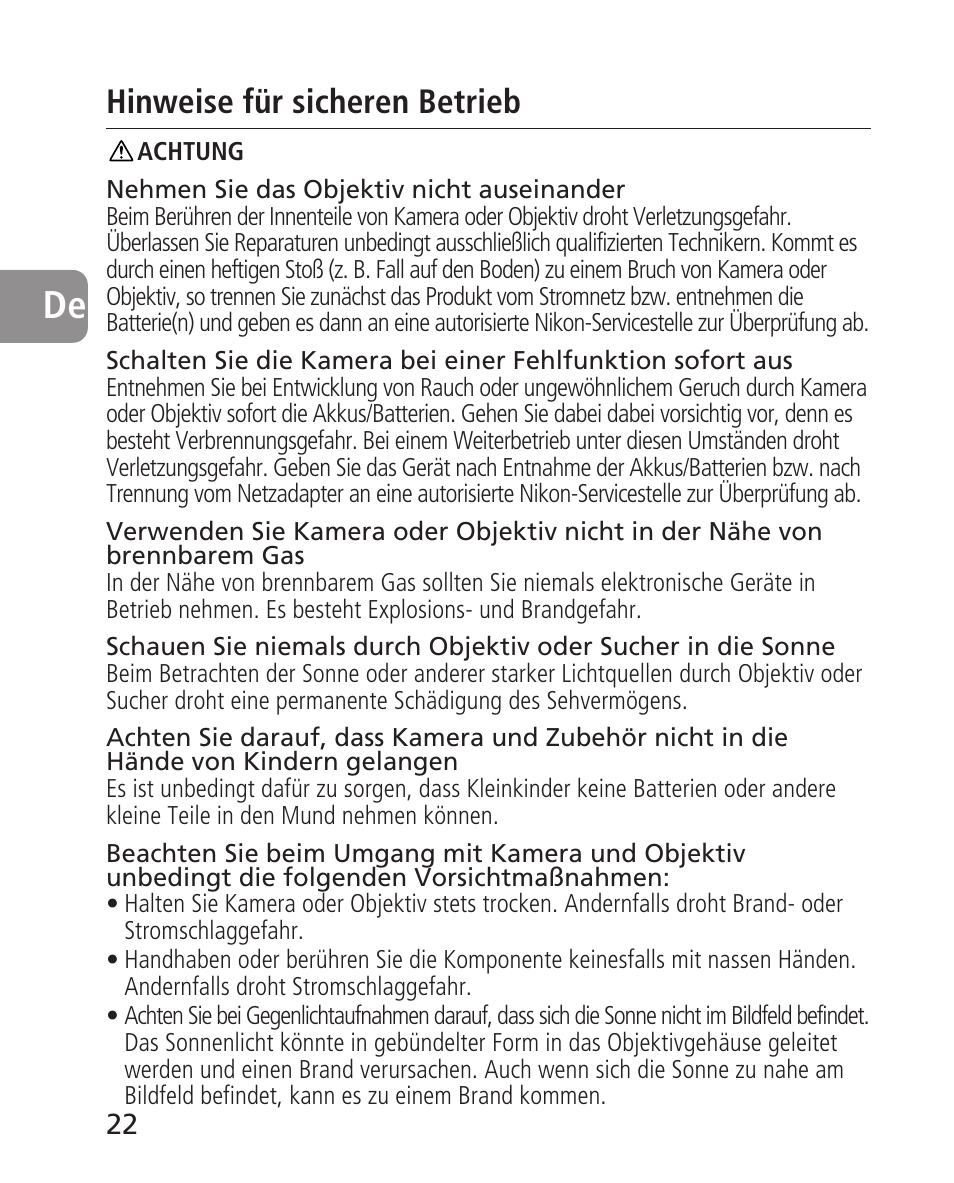 Hinweise für sicheren betrieb | Nikon 14-24mm-f28G-ED-AF-S-Nikkor User Manual | Page 22 / 118