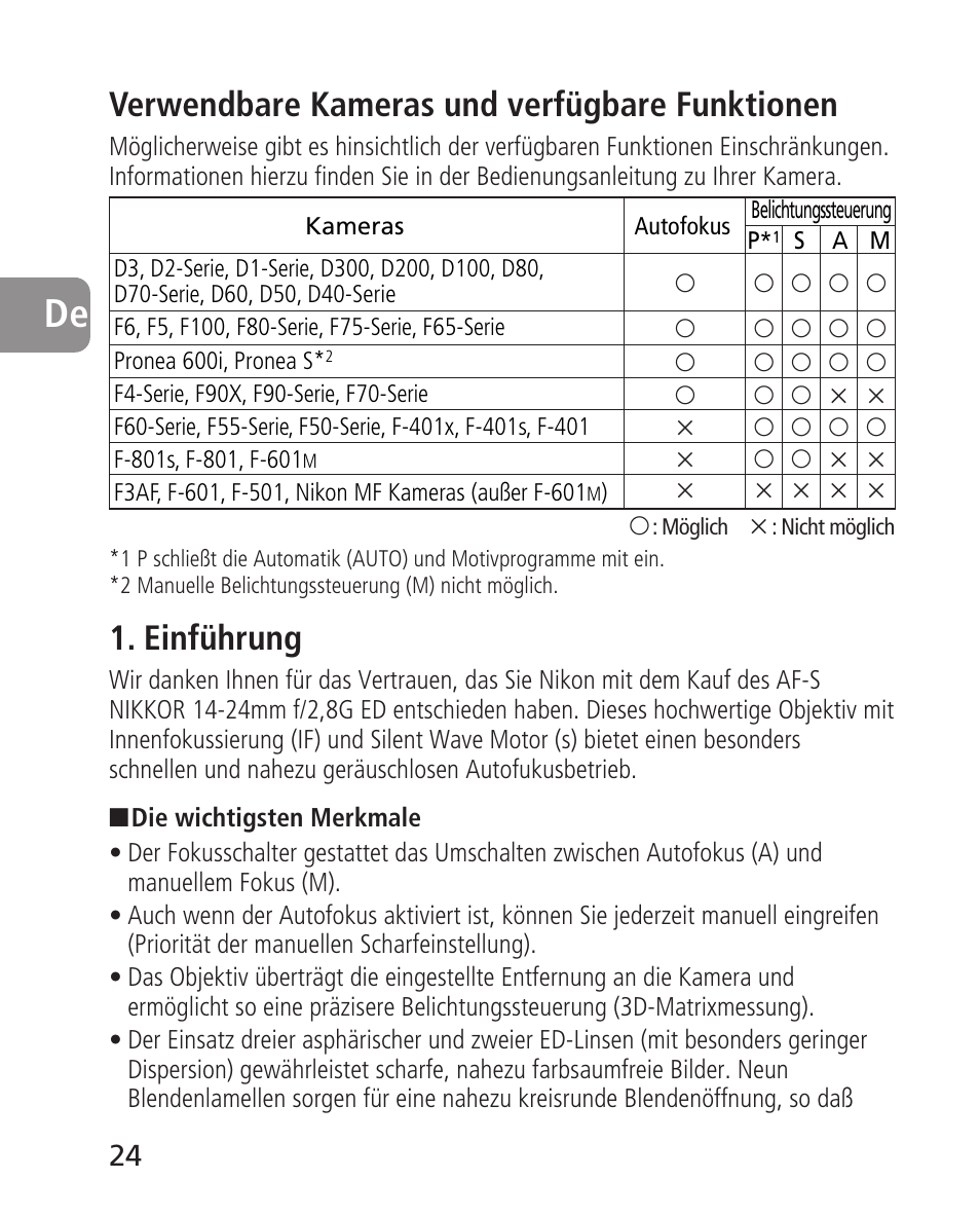 Verwendbare kameras und verfügbare funktionen, Einführung | Nikon 14-24mm-f28G-ED-AF-S-Nikkor User Manual | Page 24 / 118